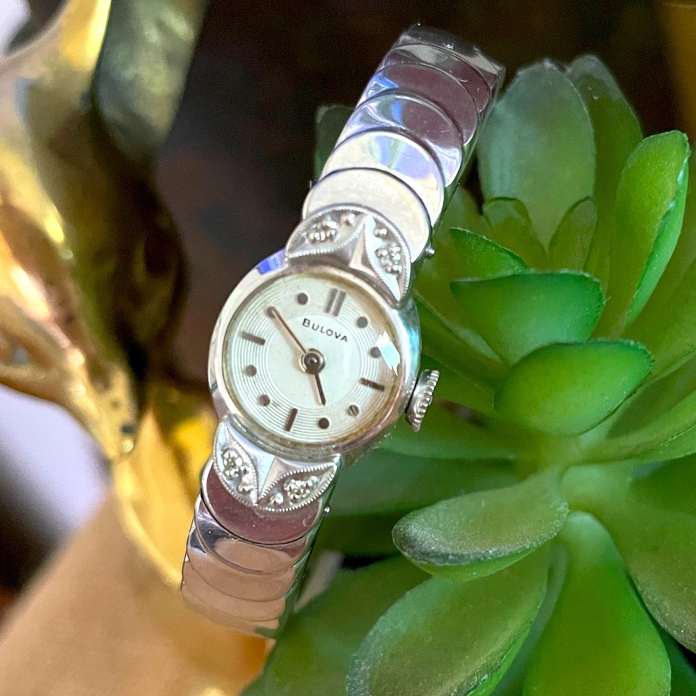 Vintage Ladies Bulova Cuff Watch 10k white gold